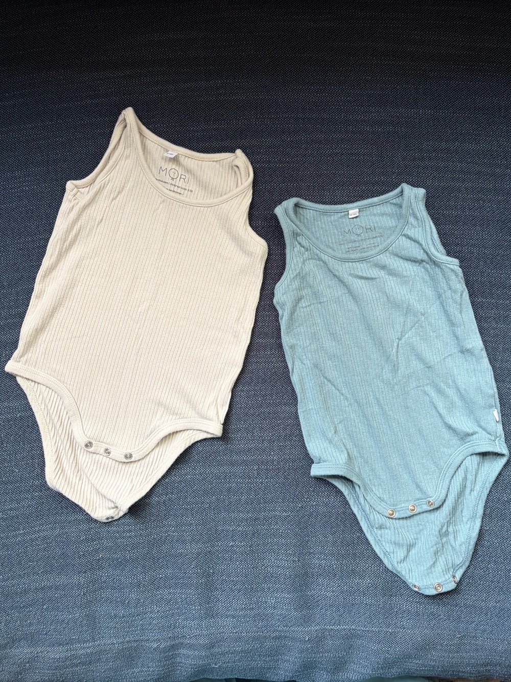 MORI Ribbed One-Piece Bodysuit Set — Cream & Light Blue